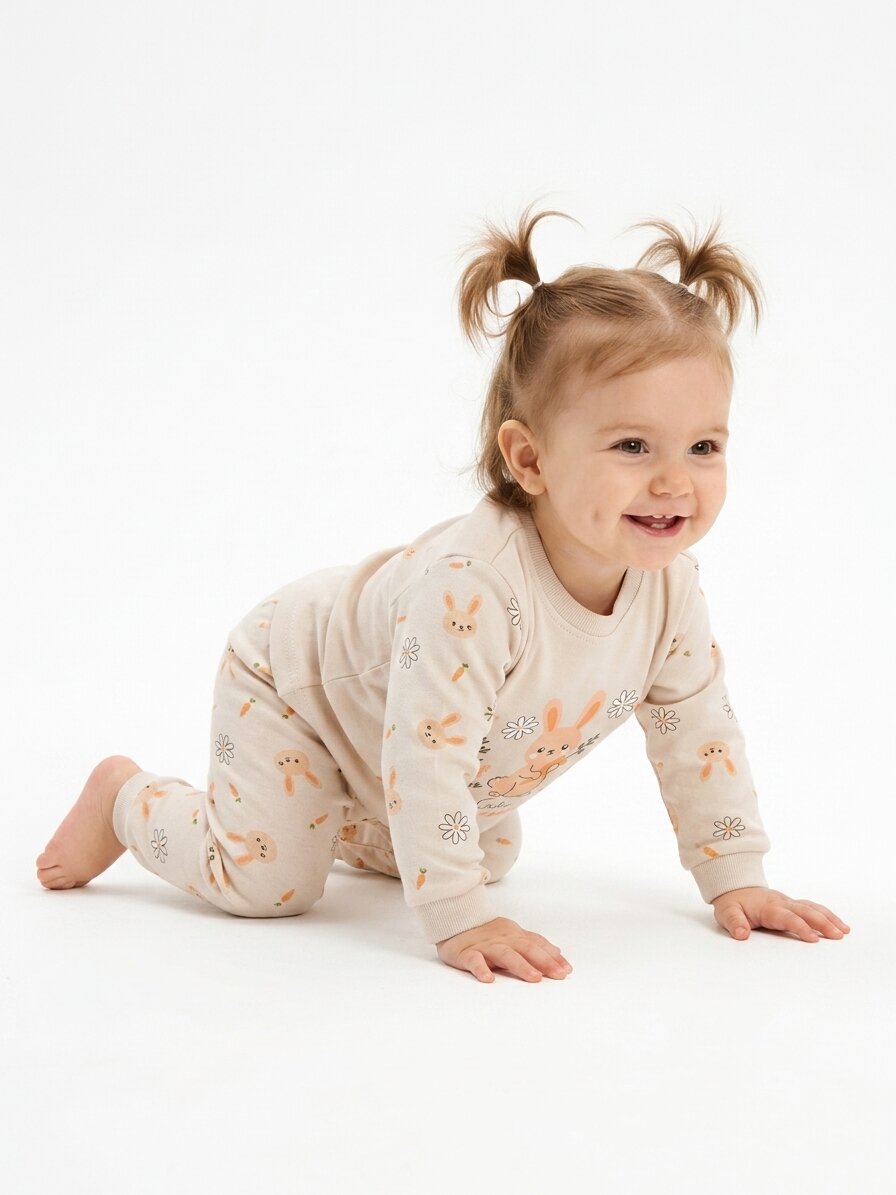 Pamuklu Tavşan Detaylı 2li Kız Bebek Pijama Takımı - Görsel 2