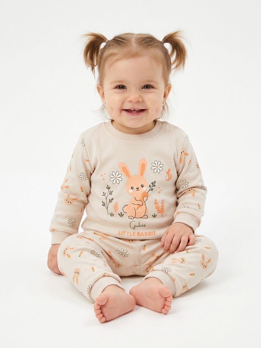 Pamuklu Tavşan Detaylı 2li Kız Bebek Pijama Takımı Varyantı