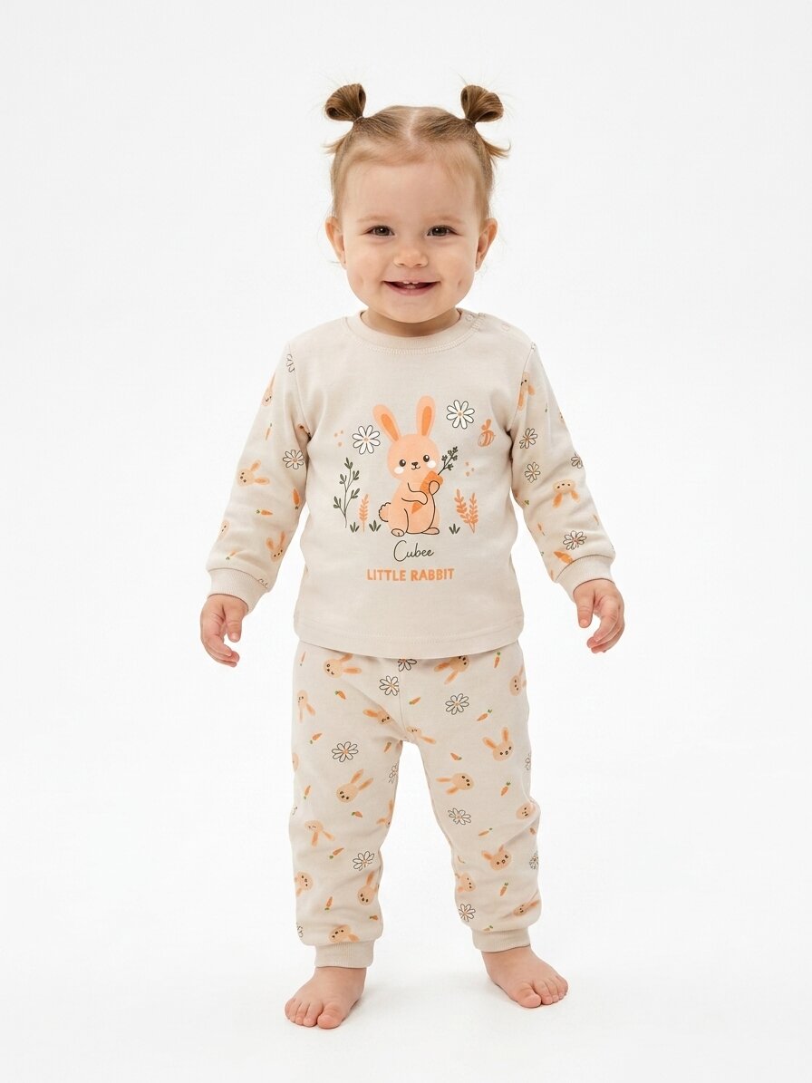 Pamuklu Tavşan Detaylı 2li Kız Bebek Pijama Takımı - Görsel 4