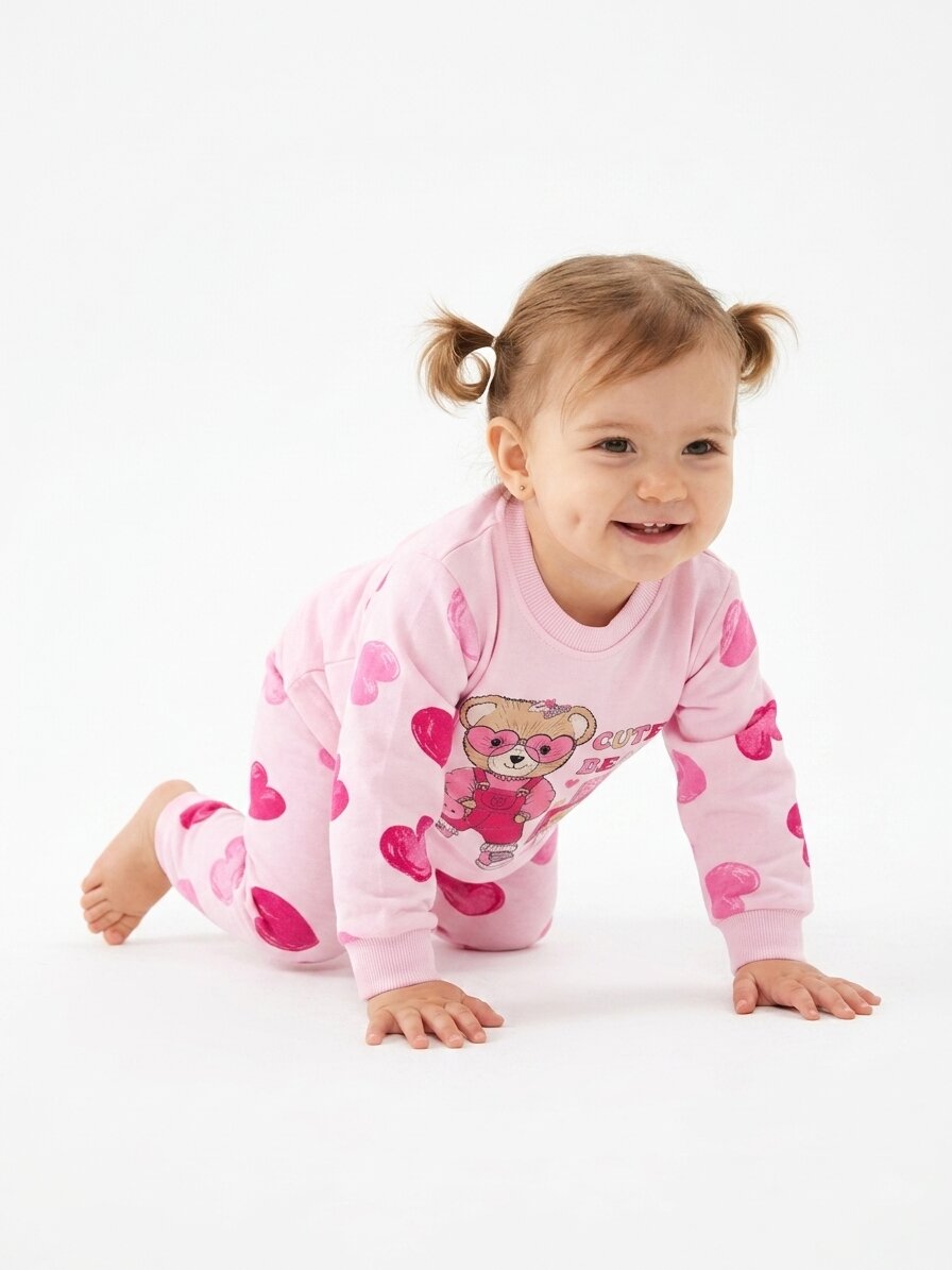 Pamuklu Ayıcık Ve Kalp Detaylı 2li Kız Bebek Pijama Takımı - Görsel 2