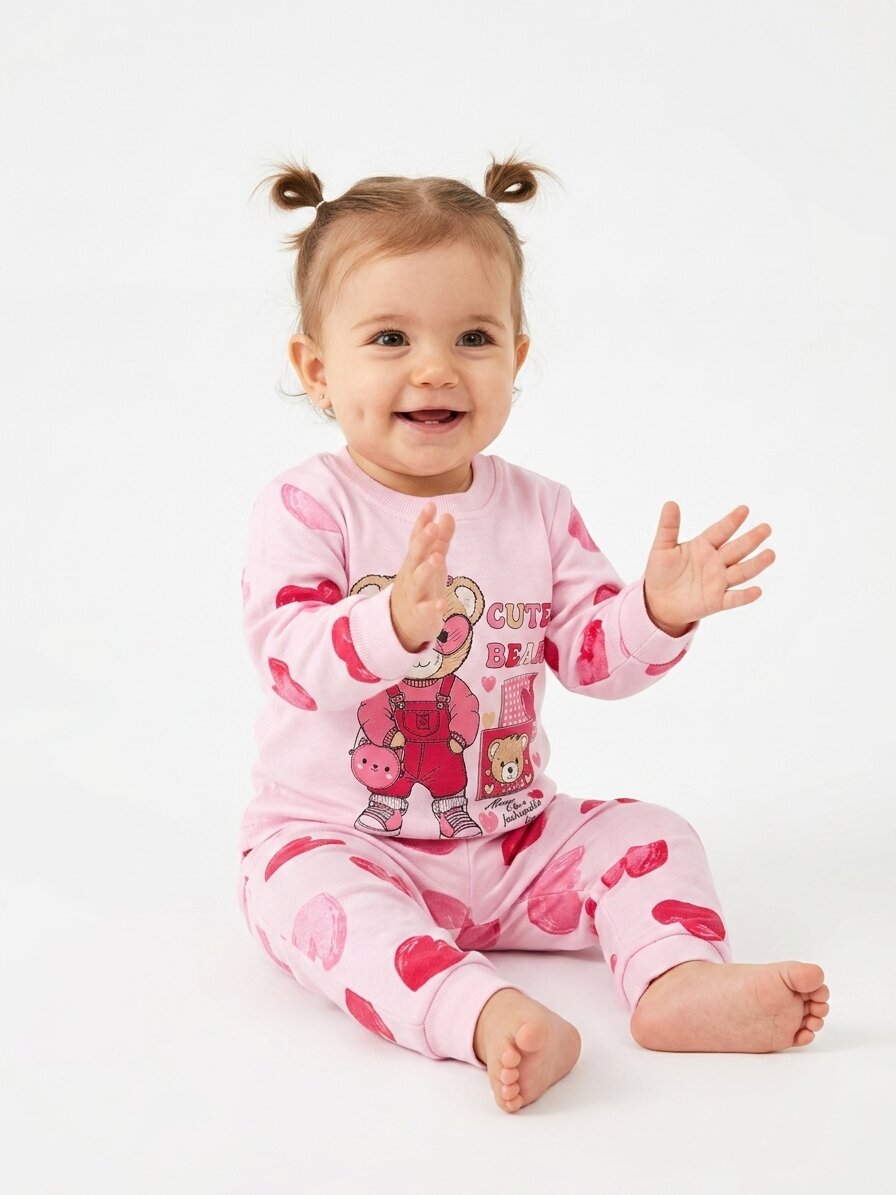 Pamuklu Ayıcık Ve Kalp Detaylı 2li Kız Bebek Pijama Takımı - Görsel 3
