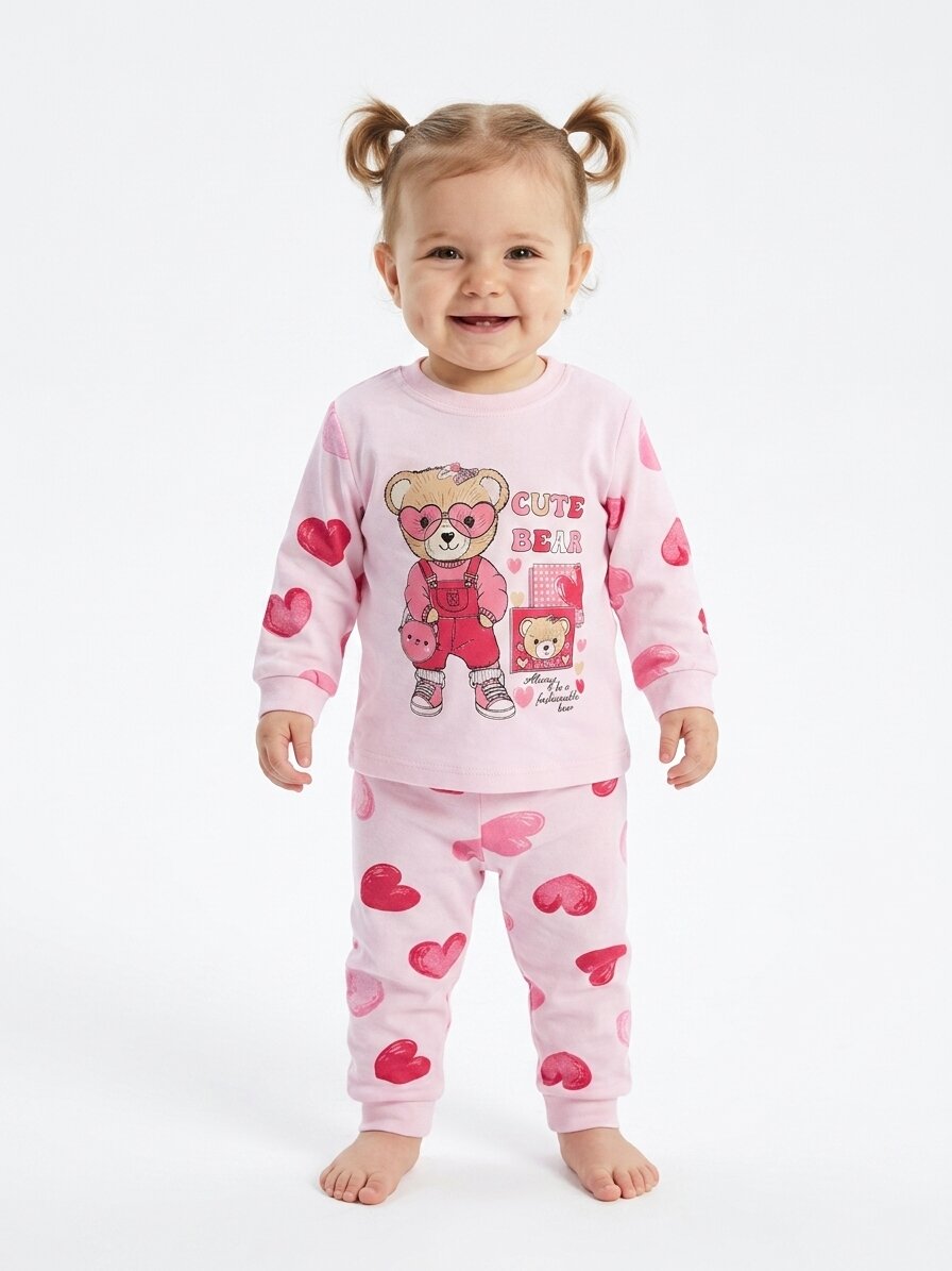 Pamuklu Ayıcık Ve Kalp Detaylı 2li Kız Bebek Pijama Takımı - Görsel 4