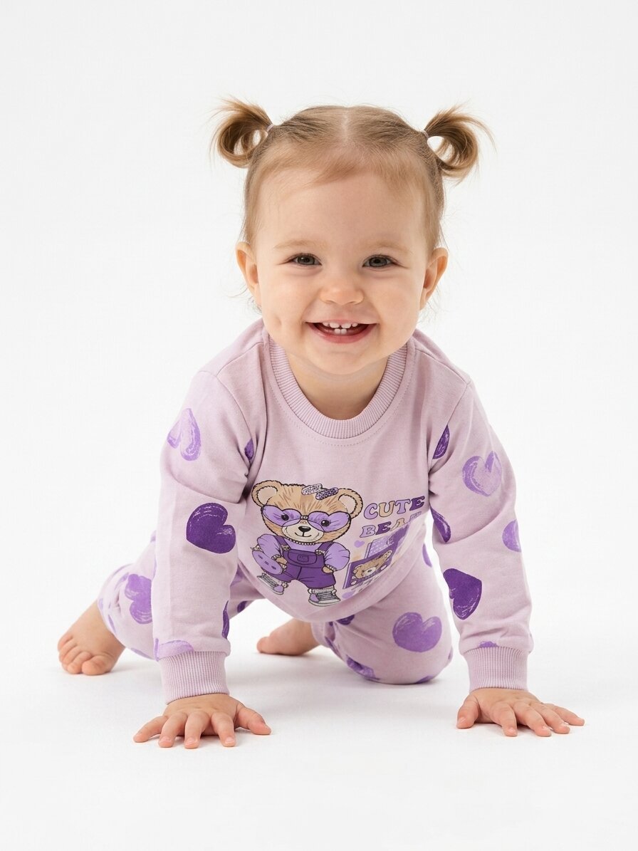 Pamuklu Ayıcık Ve Kalp Detaylı 2li Kız Bebek Pijama Takımı - Görsel 2