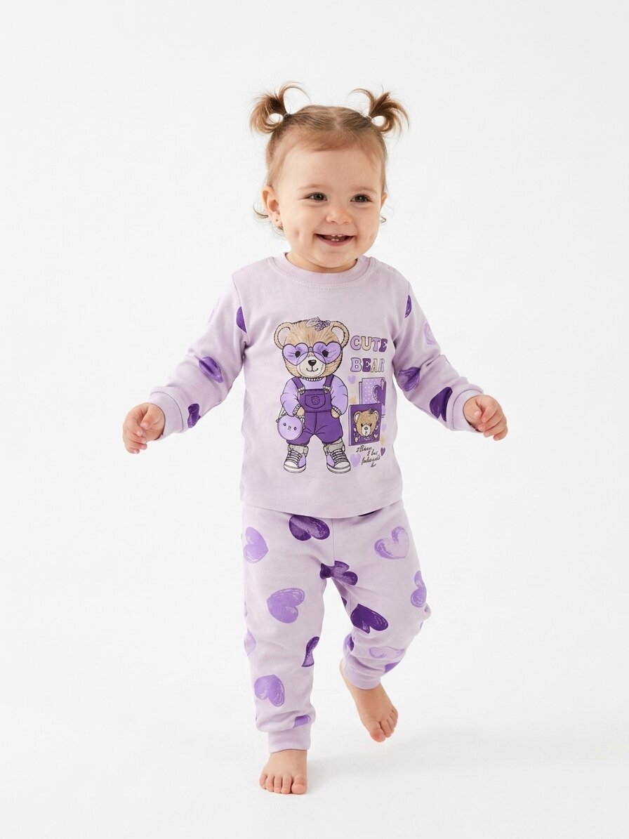 Pamuklu Ayıcık Ve Kalp Detaylı 2li Kız Bebek Pijama Takımı - Görsel 3