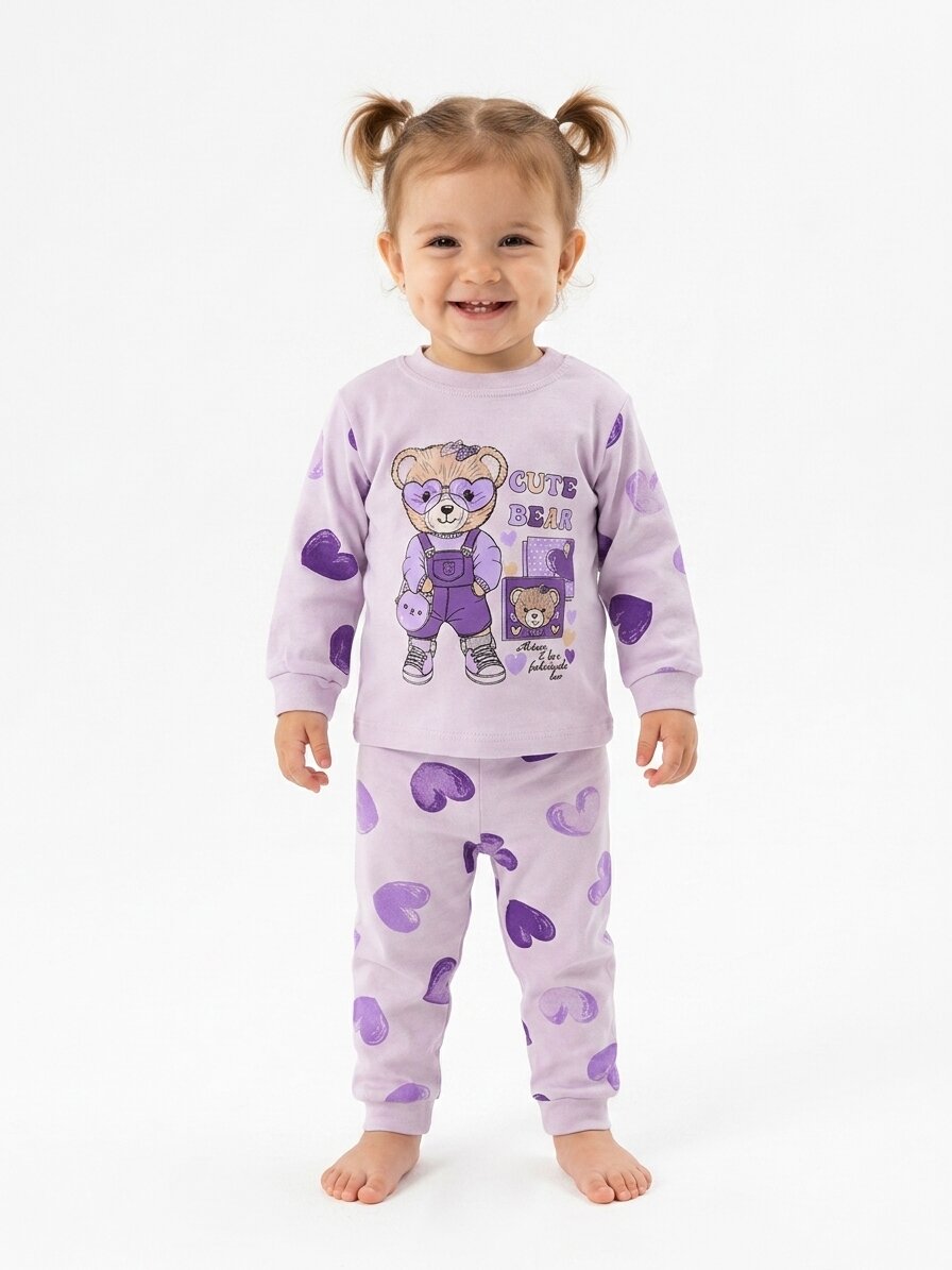 Pamuklu Ayıcık Ve Kalp Detaylı 2li Kız Bebek Pijama Takımı - Görsel 4