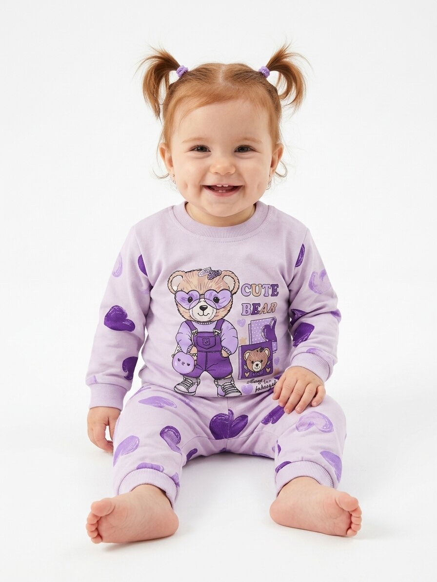Pamuklu Ayıcık Ve Kalp Detaylı 2li Kız Bebek Pijama Takımı Varyantı