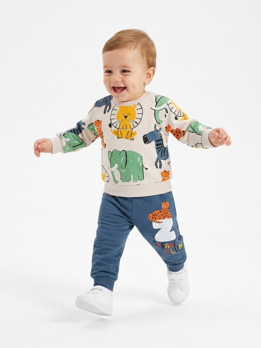 Pamuklu Animals Detaylı Şardonlu 2li Erkek Bebek Takım - Görsel 3
