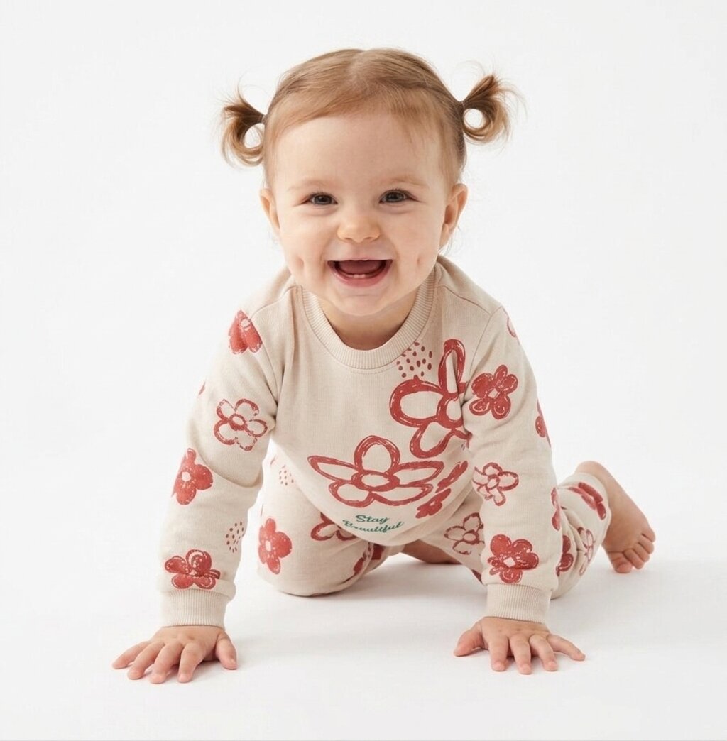 İki İplik Mevsimlik Organik Çiçek Desenli Kız Bebek Pijama 2li Takım - Görsel 2