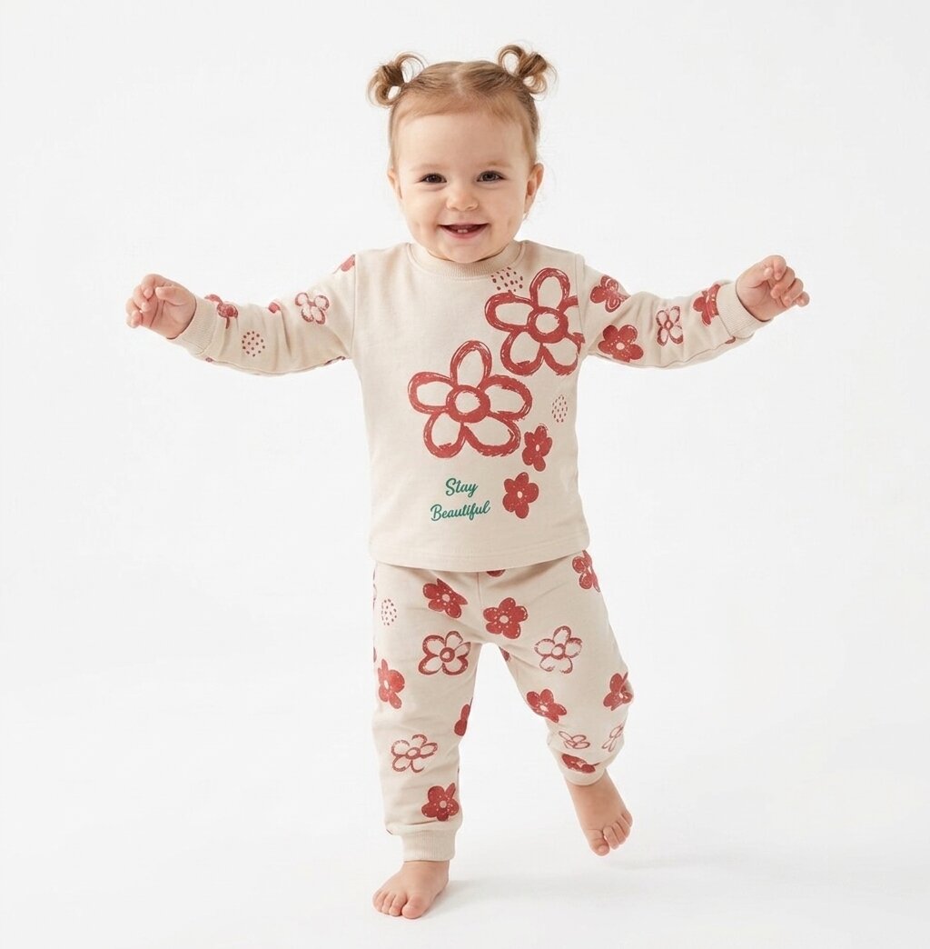 İki İplik Mevsimlik Organik Çiçek Desenli Kız Bebek Pijama 2li Takım - Görsel 3