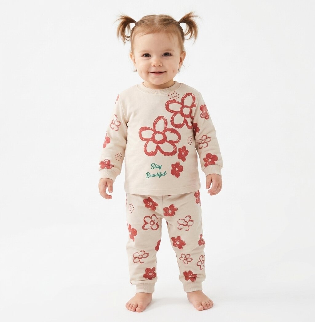 İki İplik Mevsimlik Organik Çiçek Desenli Kız Bebek Pijama 2li Takım - Görsel 4