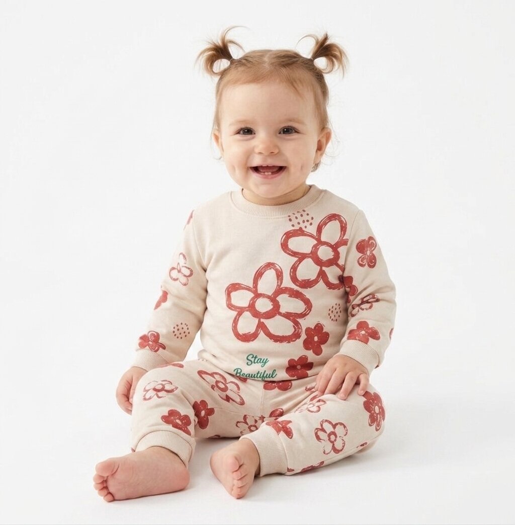Organik Çiçek Desenli Kız Bebek Pijama 2li Takım