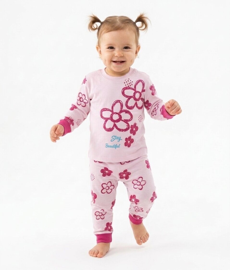 İki İplik Mevsimlik Organik Çiçek Desenli Kız Bebek Pijama 2li Takım - Görsel 3