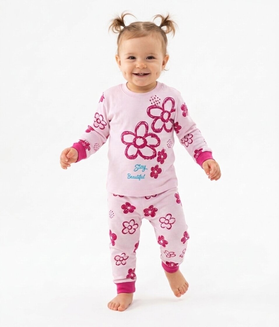 İki İplik Mevsimlik Organik Çiçek Desenli Kız Bebek Pijama 2li Takım - Görsel 4