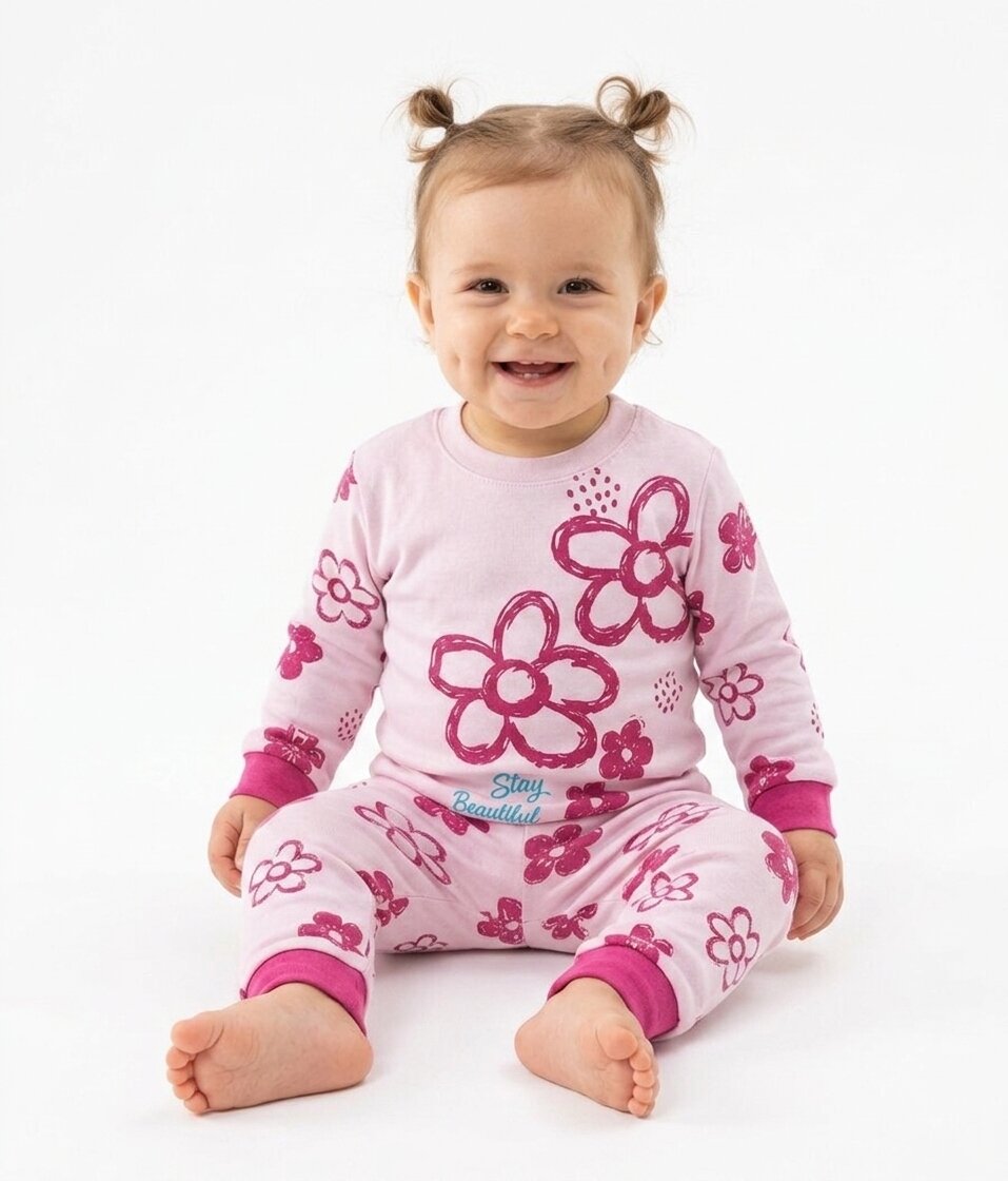 Organik Çiçek Desenli Kız Bebek Pijama 2li Takım