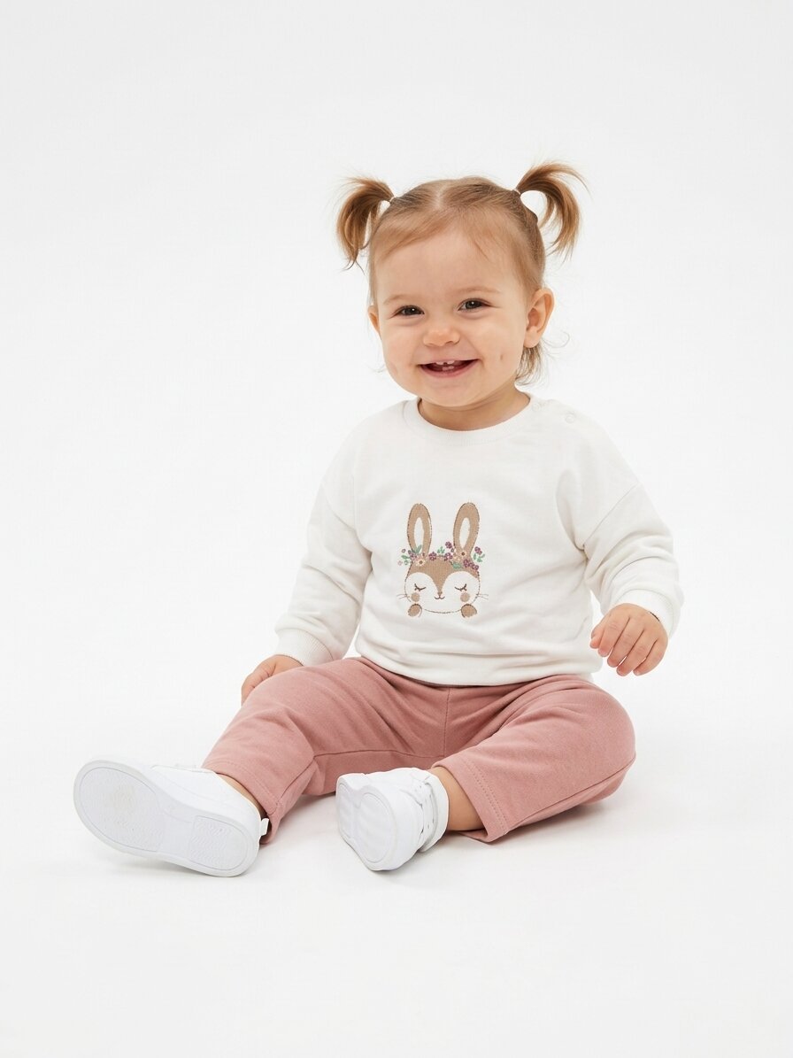 Pamuklu Tavşan Detaylı 2li Kız Bebek Takım