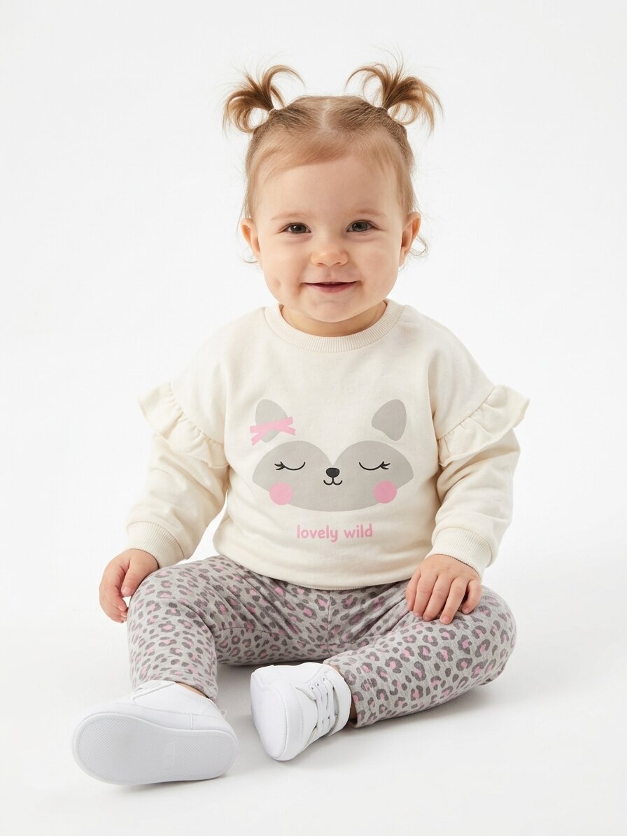 Pamuklu Kedi Detaylı 2li Kız Bebek Takım