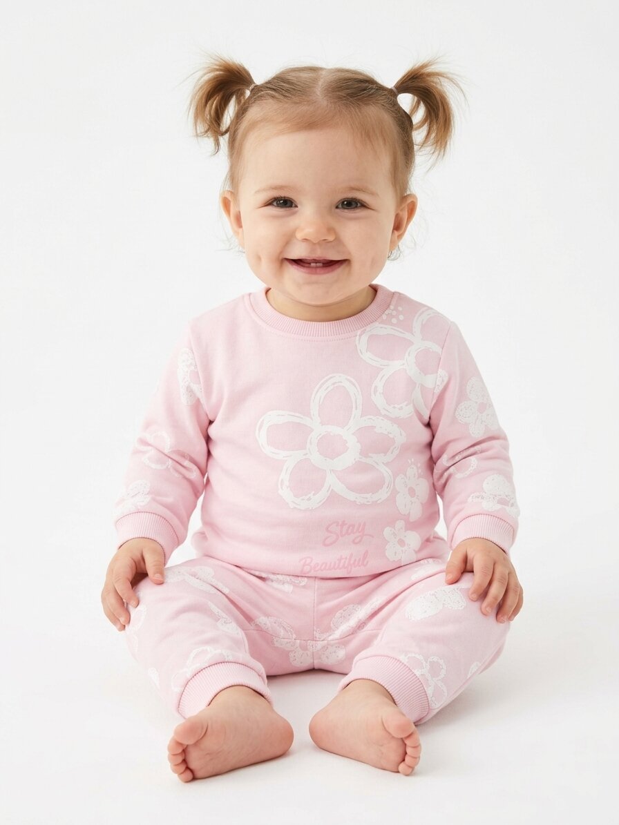 Pamuk Çiçek Desenli Kız Bebek 2li  Pijama Takımı