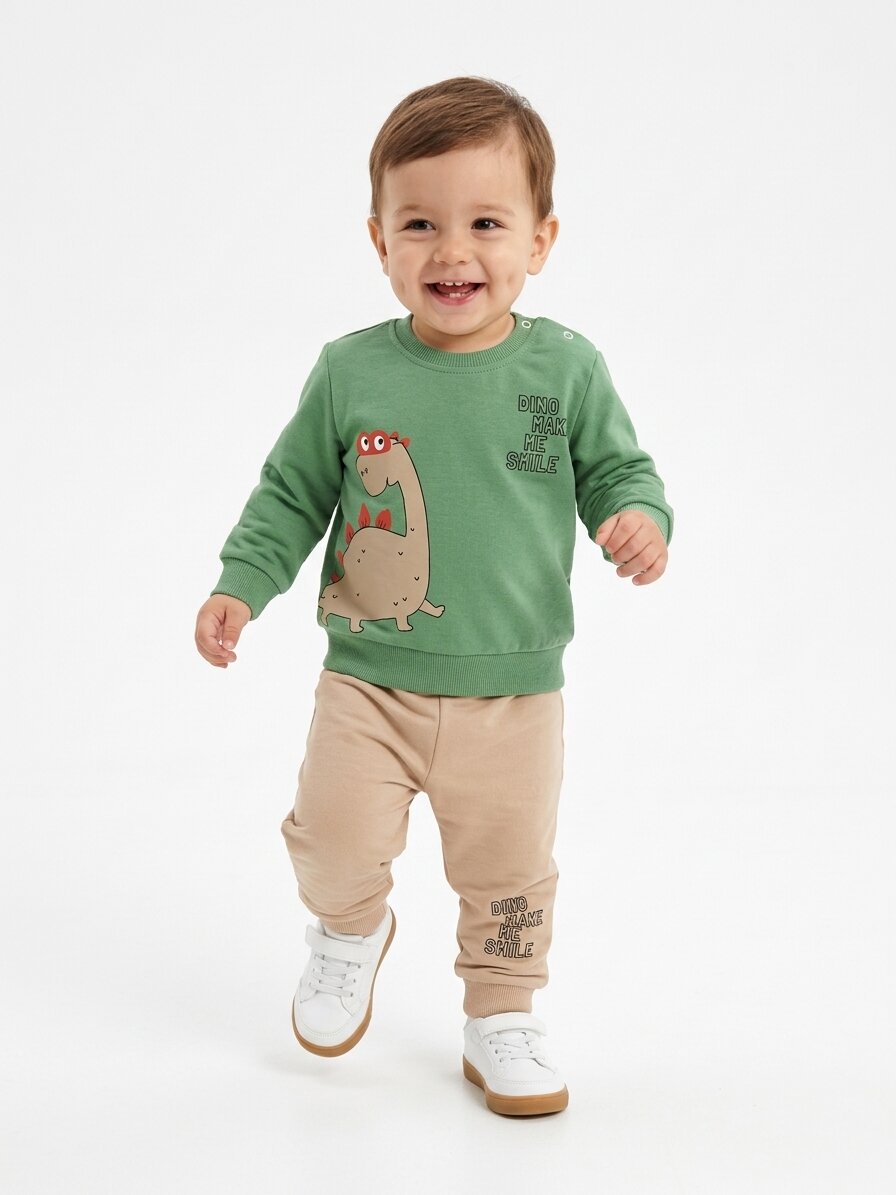 Pamuklu Dino Detaylı 2li Erkek Bebek Takım - Görsel 2