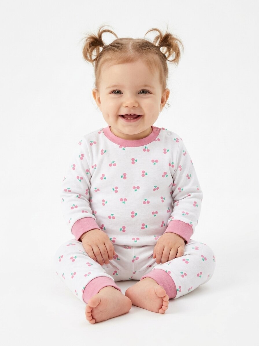 İki İplik Mevsimlik Pamuk Kiraz Desenli Kız Bebek Pijama Takımı