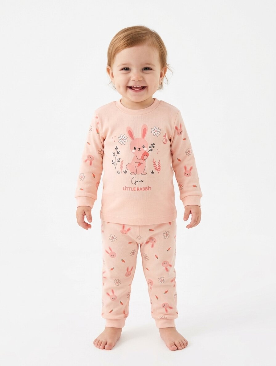 Pamuk Tavşan Desenli Kız Bebek Pijama Takım - Görsel 5