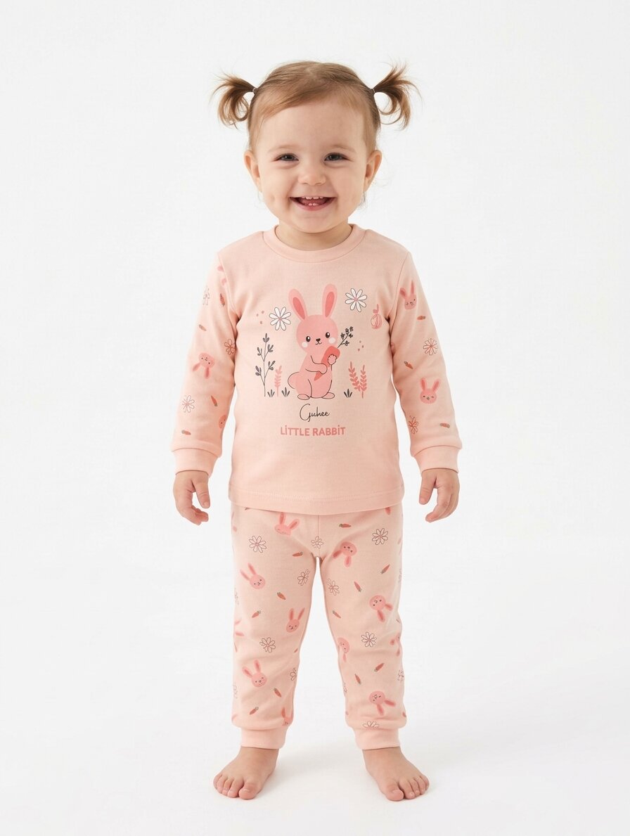 Pamuk Tavşan Desenli Kız Bebek Pijama Takım - Görsel 4