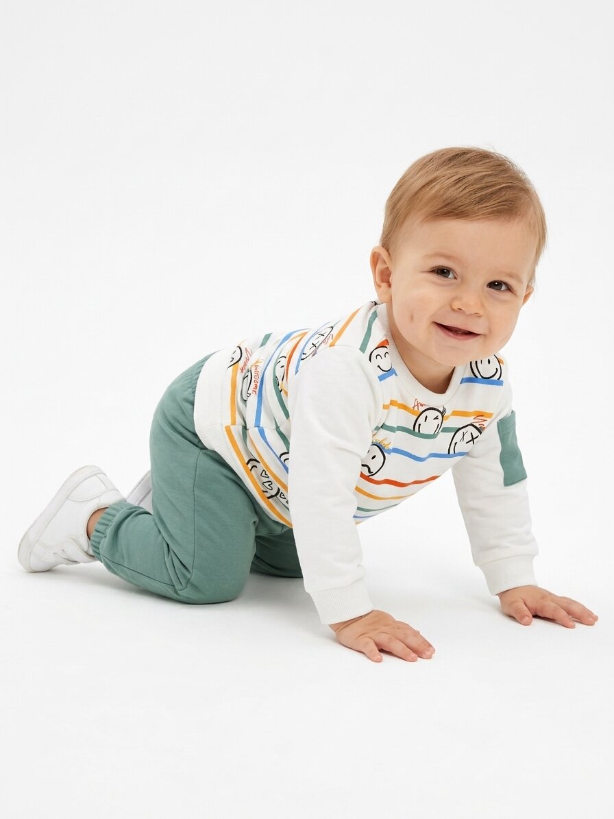 Pamuk 2 iplik Mevsimlik  Smile Detaylı Erkek Bebek 2li Takım - Görsel 2