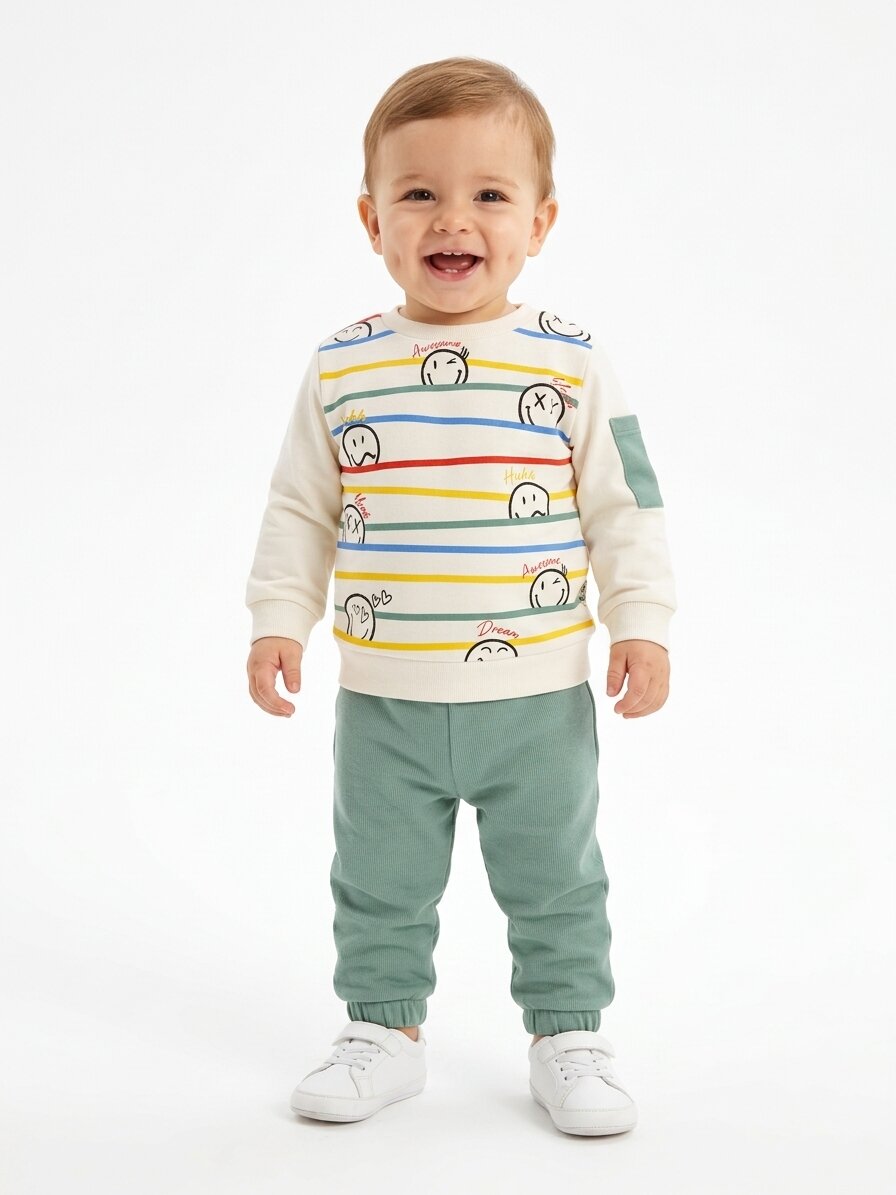 Pamuk 2 iplik Mevsimlik  Smile Detaylı Erkek Bebek 2li Takım - Görsel 3
