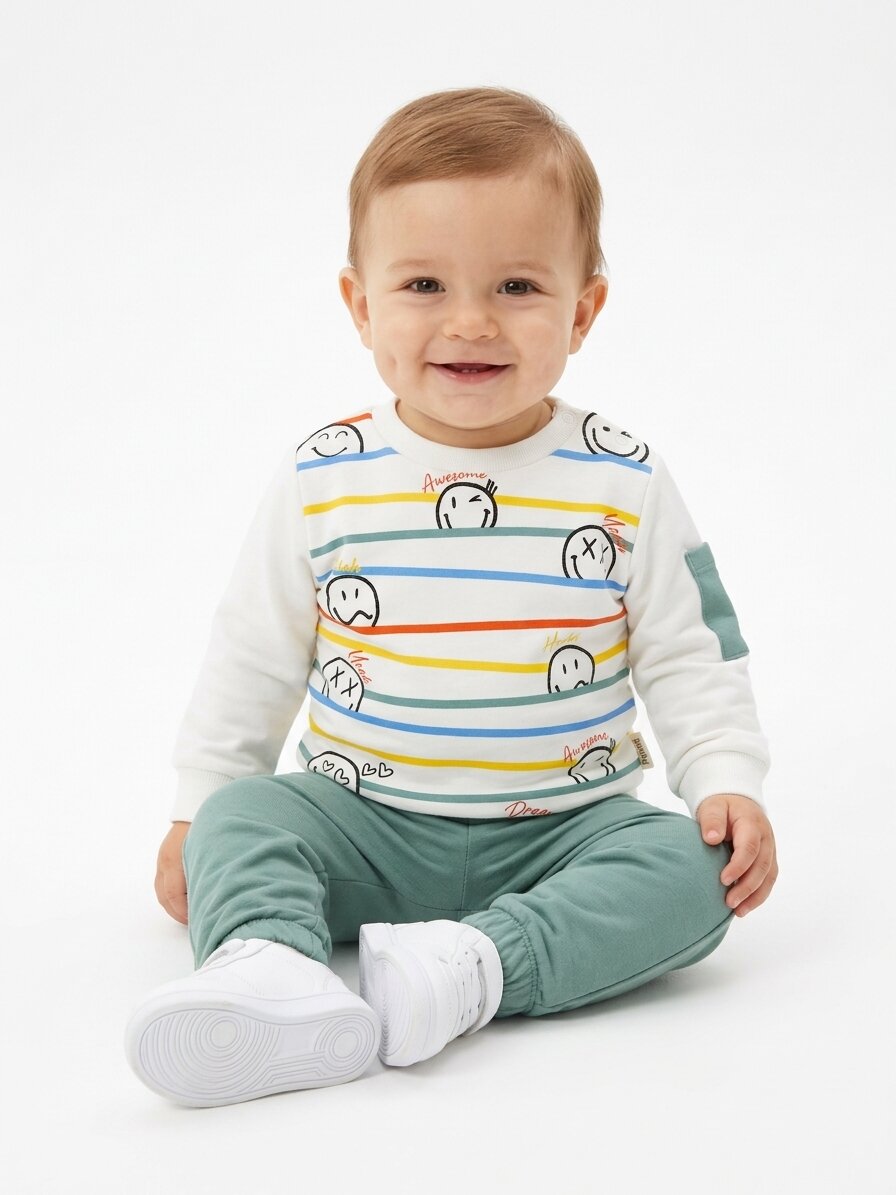 Pamuk 2 iplik Mevsimlik  Smile Detaylı Erkek Bebek 2li Takım - Görsel 4