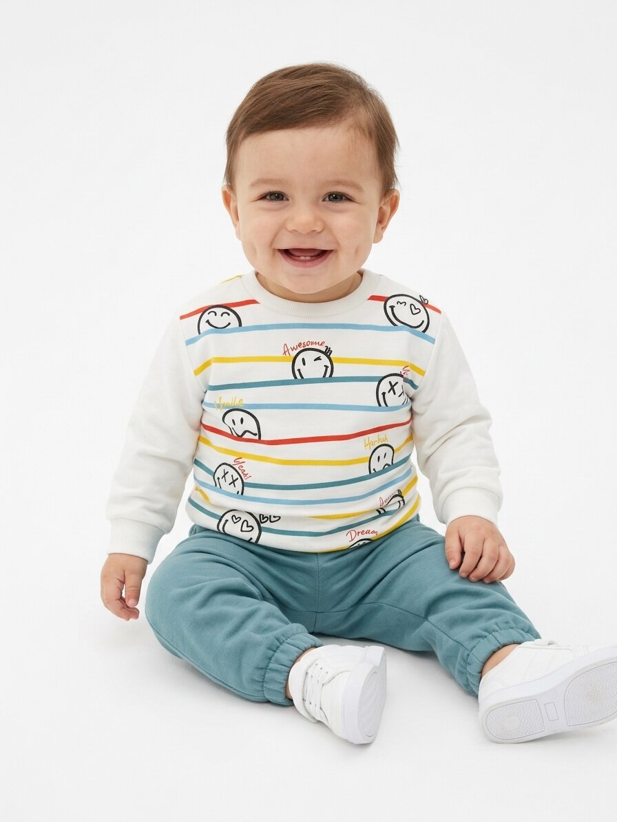 Pamuk 2 iplik Mevsimlik  Smile Detaylı Erkek Bebek 2li Takım Varyantı