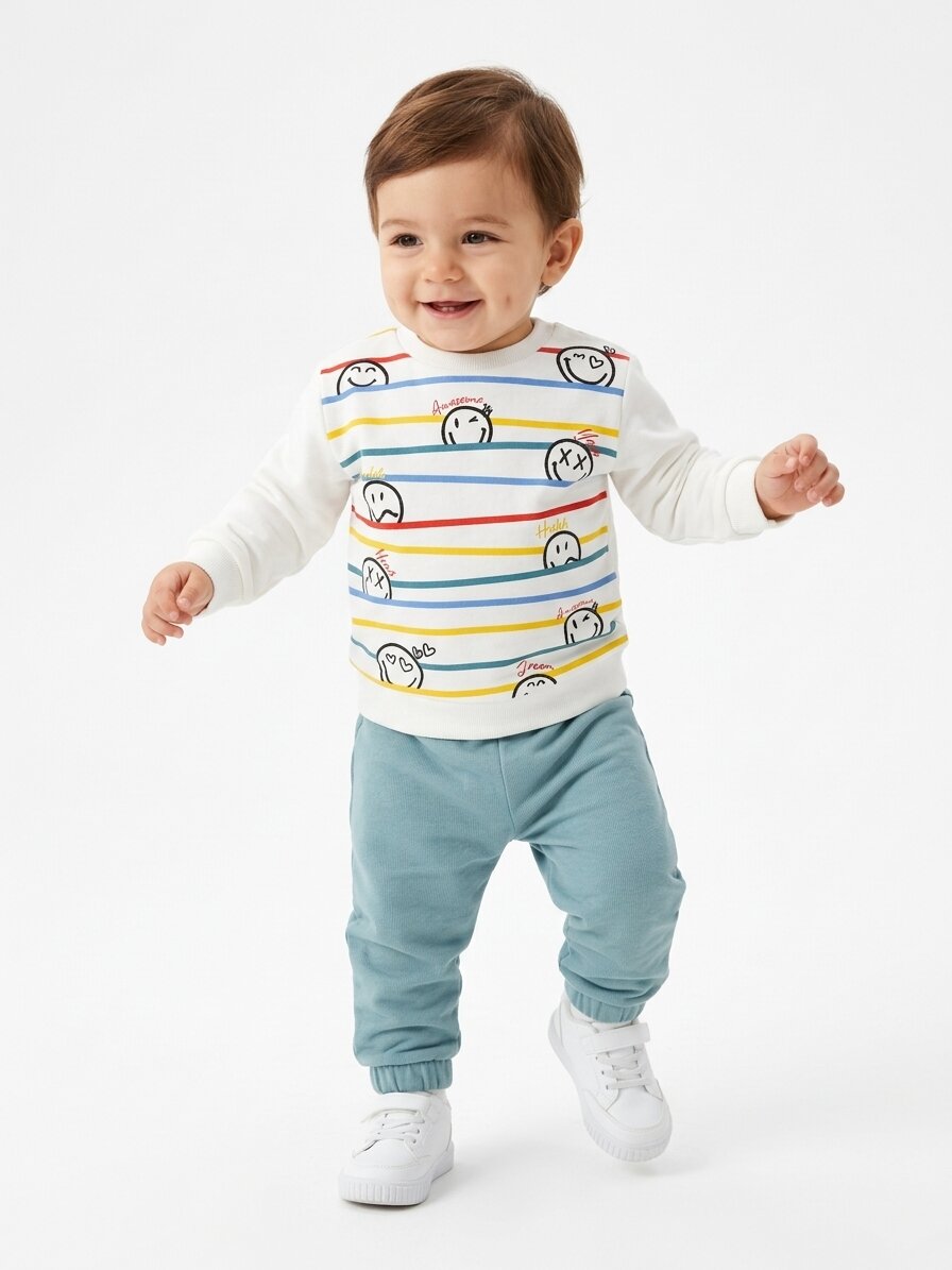 Pamuk 2 iplik Mevsimlik  Smile Detaylı Erkek Bebek 2li Takım - Görsel 2