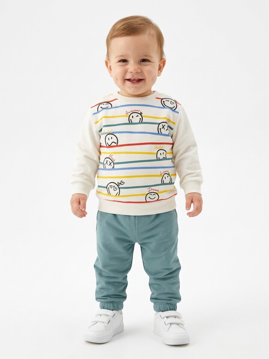 Pamuk 2 iplik Mevsimlik  Smile Detaylı Erkek Bebek 2li Takım - Görsel 3