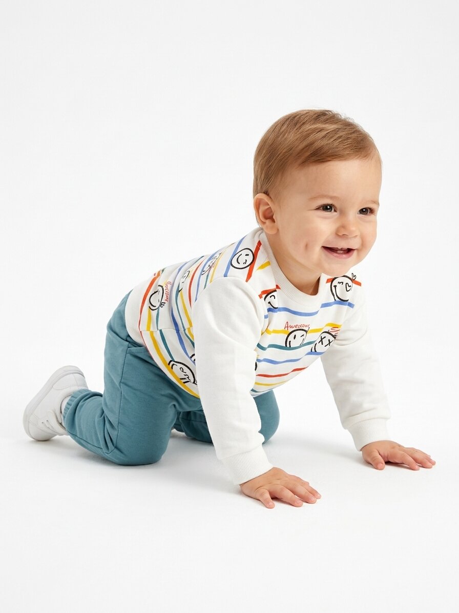 Pamuk 2 iplik Mevsimlik  Smile Detaylı Erkek Bebek 2li Takım - Görsel 4