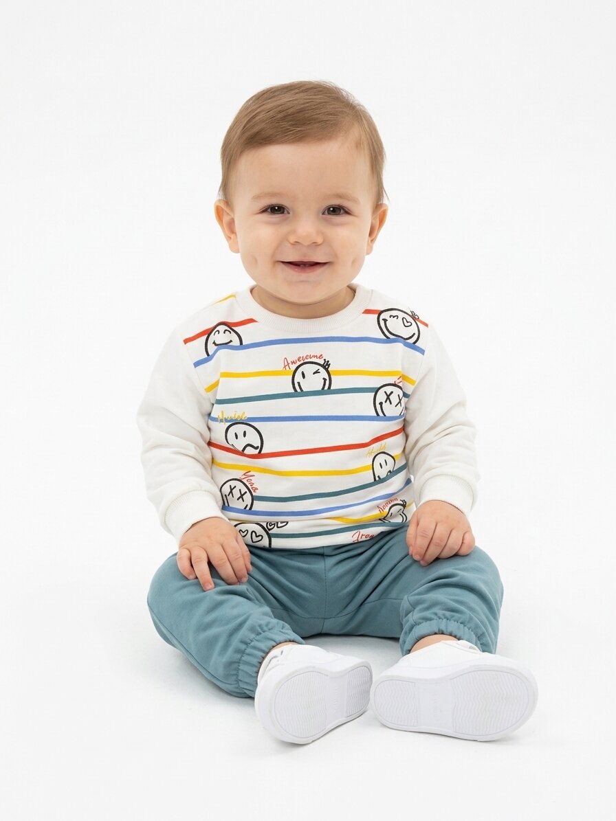Pamuk 2 iplik Mevsimlik  Smile Detaylı Erkek Bebek 2li Takım - Görsel 5