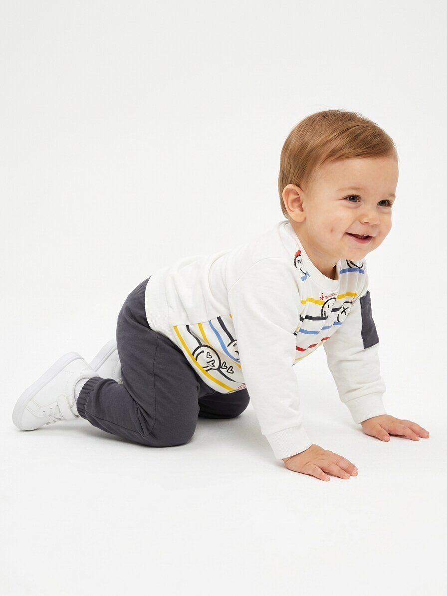 Pamuk 2 iplik Mevsimlik  Smile Detaylı Erkek Bebek 2li Takım - Görsel 2