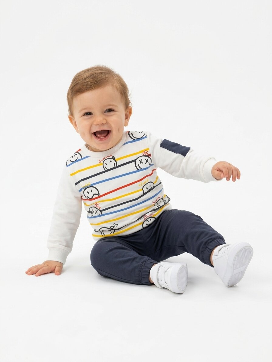 Pamuk 2 iplik Mevsimlik  Smile Detaylı Erkek Bebek 2li Takım Varyantı