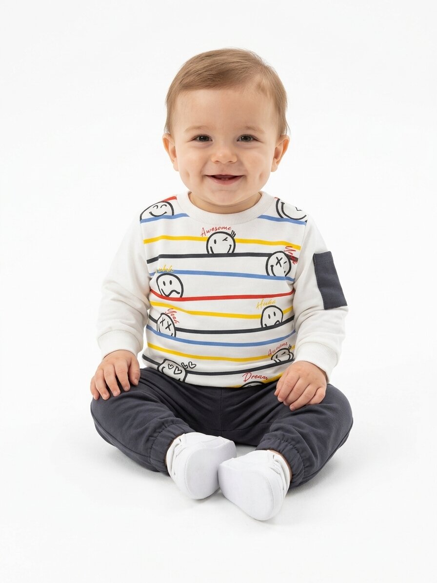 Pamuk 2 iplik Mevsimlik  Smile Detaylı Erkek Bebek 2li Takım - Görsel 3
