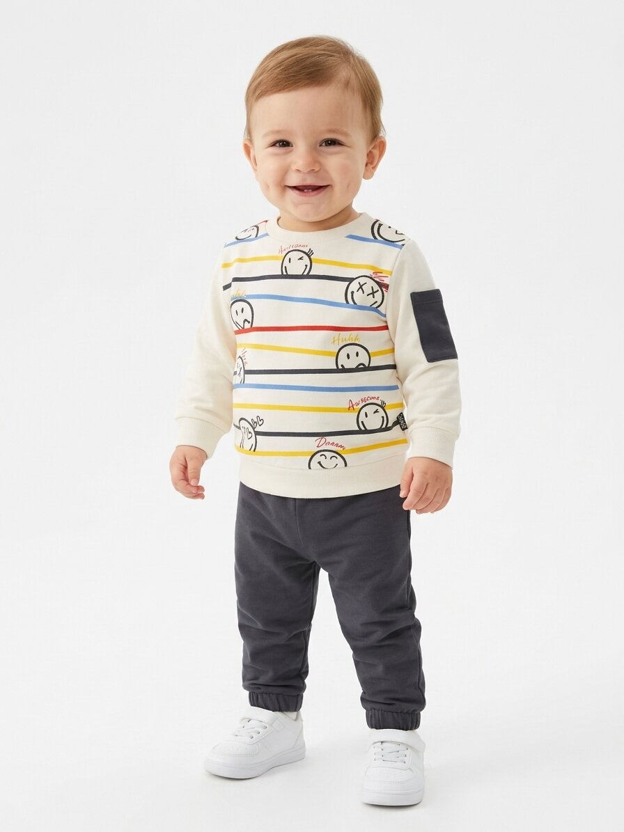 Pamuk 2 iplik Mevsimlik  Smile Detaylı Erkek Bebek 2li Takım - Görsel 4