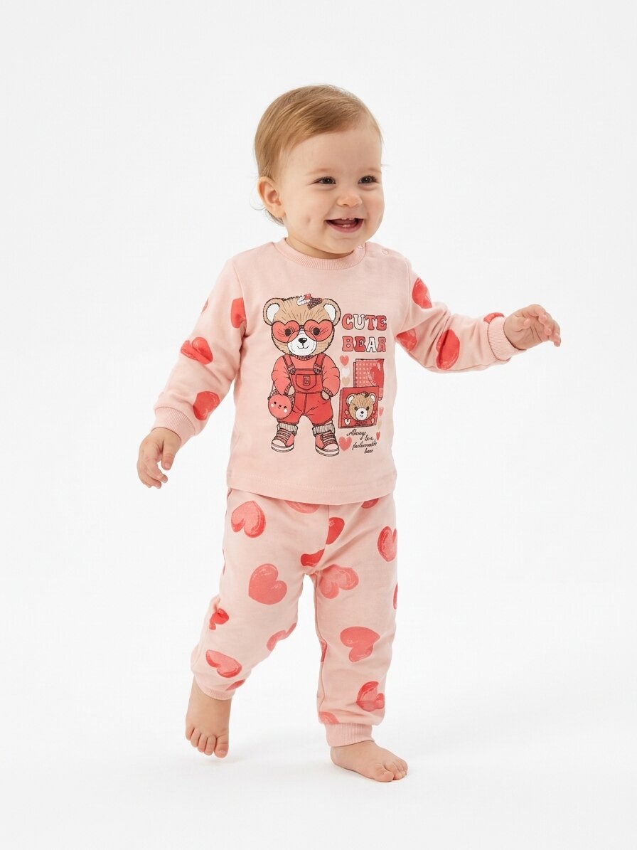 İki İplik Mevsimlik Ayıcık Ve Kalp Detaylı 2li Kız Bebek Pijama Takımı - Görsel 2