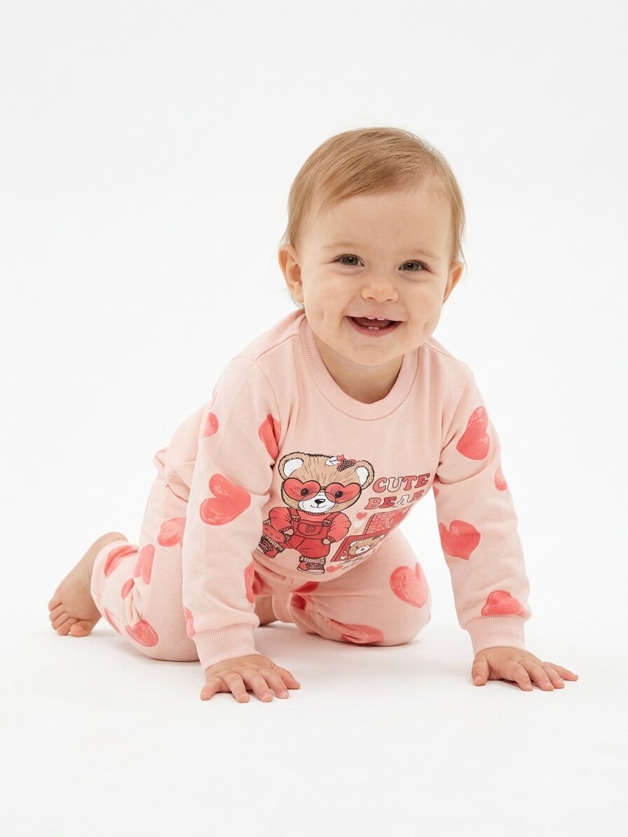 İki İplik Mevsimlik Ayıcık Ve Kalp Detaylı 2li Kız Bebek Pijama Takımı Varyantı