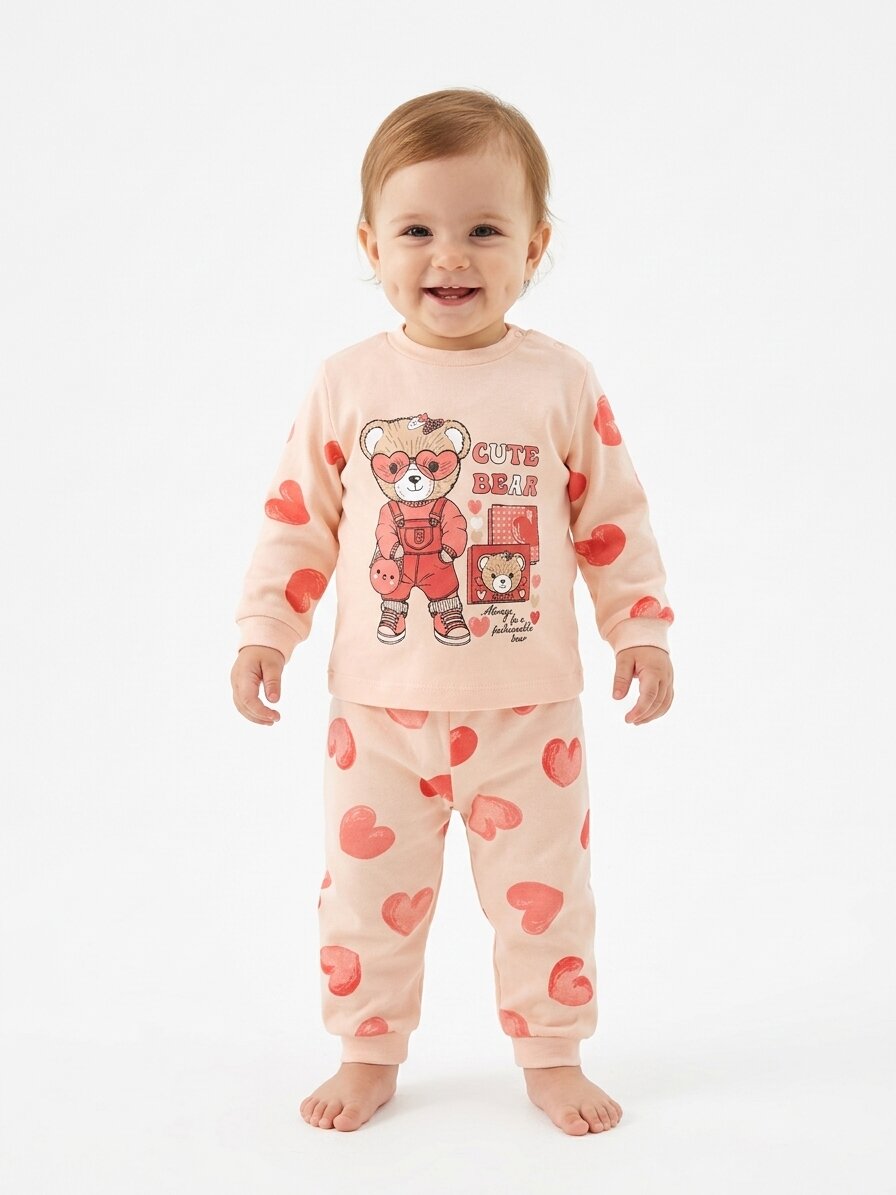 İki İplik Mevsimlik Ayıcık Ve Kalp Detaylı 2li Kız Bebek Pijama Takımı - Görsel 3