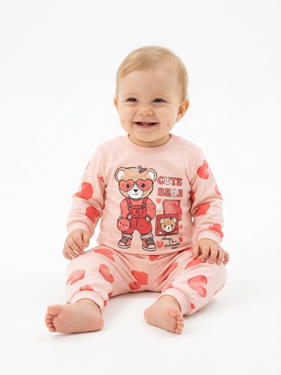 İki İplik Mevsimlik Ayıcık Ve Kalp Detaylı 2li Kız Bebek Pijama Takımı - Görsel 4