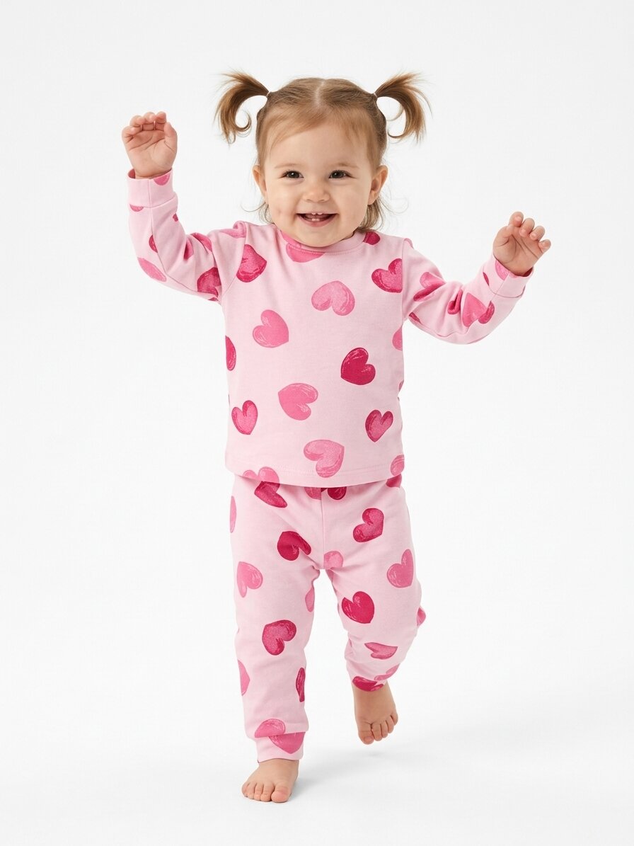 Pamuklu Mevsimlik Kalp Desenli Kız Bebek 2li Pijama Takım - Görsel 3