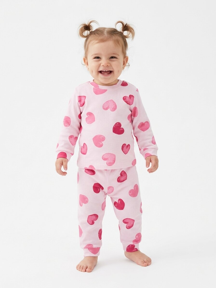 Pamuklu Mevsimlik Kalp Desenli Kız Bebek 2li Pijama Takım - Görsel 4